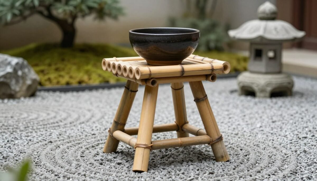 Bamboo pole bird bath with Asian garden design