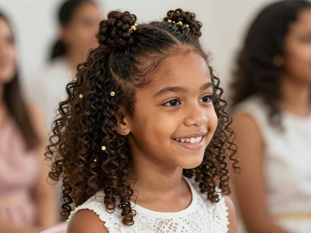 Bantu knot-out hairstyle for flower girl with natural curly texture
