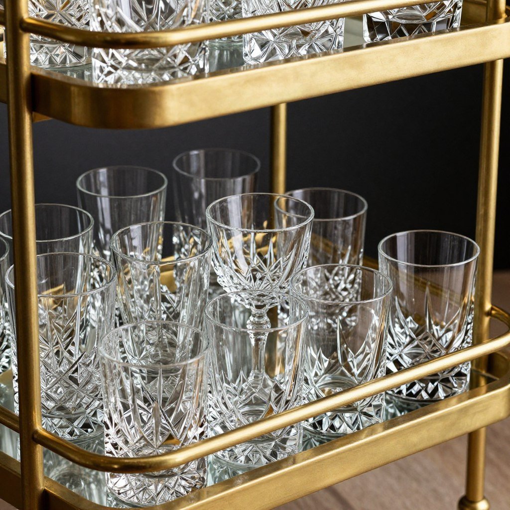 Bar cart lower shelf with organized glassware