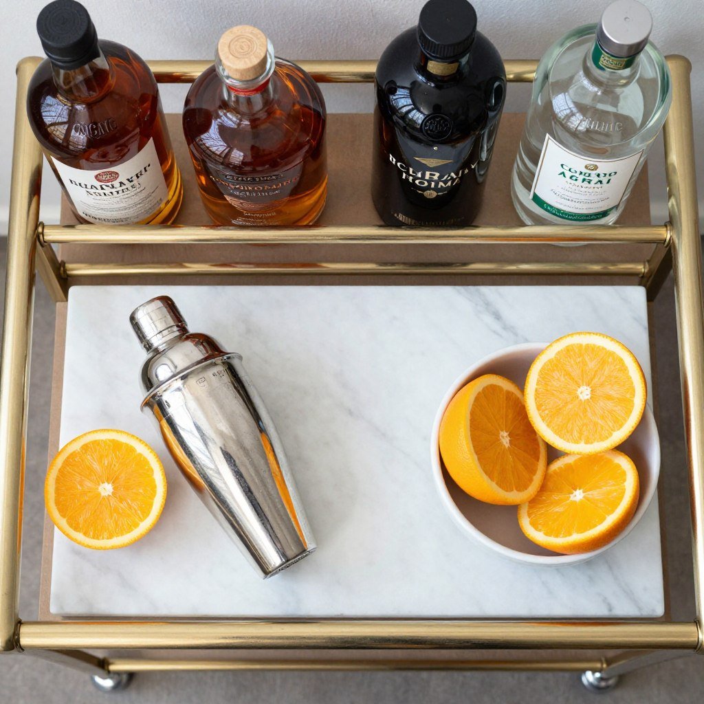 Bar cart top shelf with premium spirits and cocktail shaker