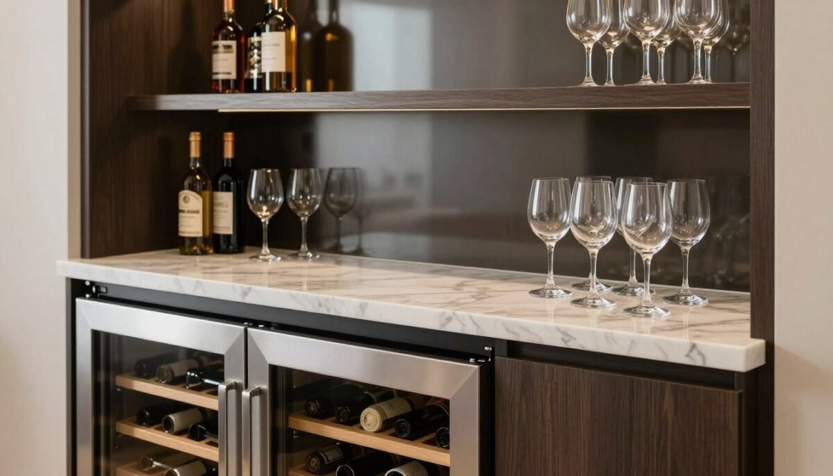 Bar counter above wine fridge creating efficient serving station