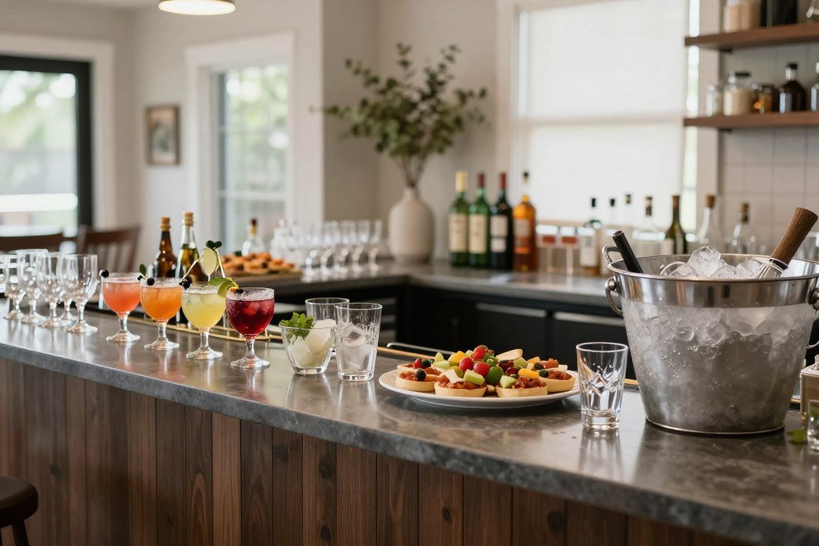 Bar setup for party with cocktails and appetizers for built-in bar ideas