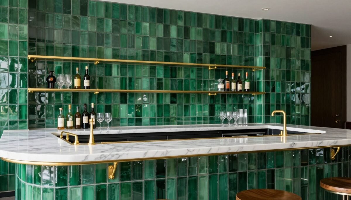 Bar with emerald green glass tile backsplash and gold fixtures