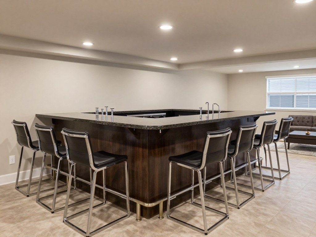 Basement bar counter with granite countertop and bar stools