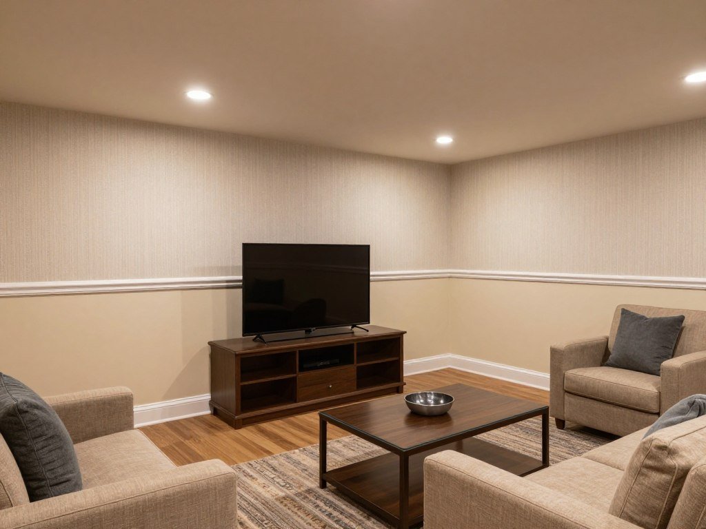 Basement entertainment room with subtle pattern and cream paint