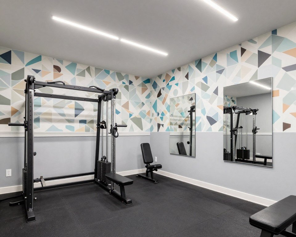 Basement home gym with energizing wallpaper and light gray paint