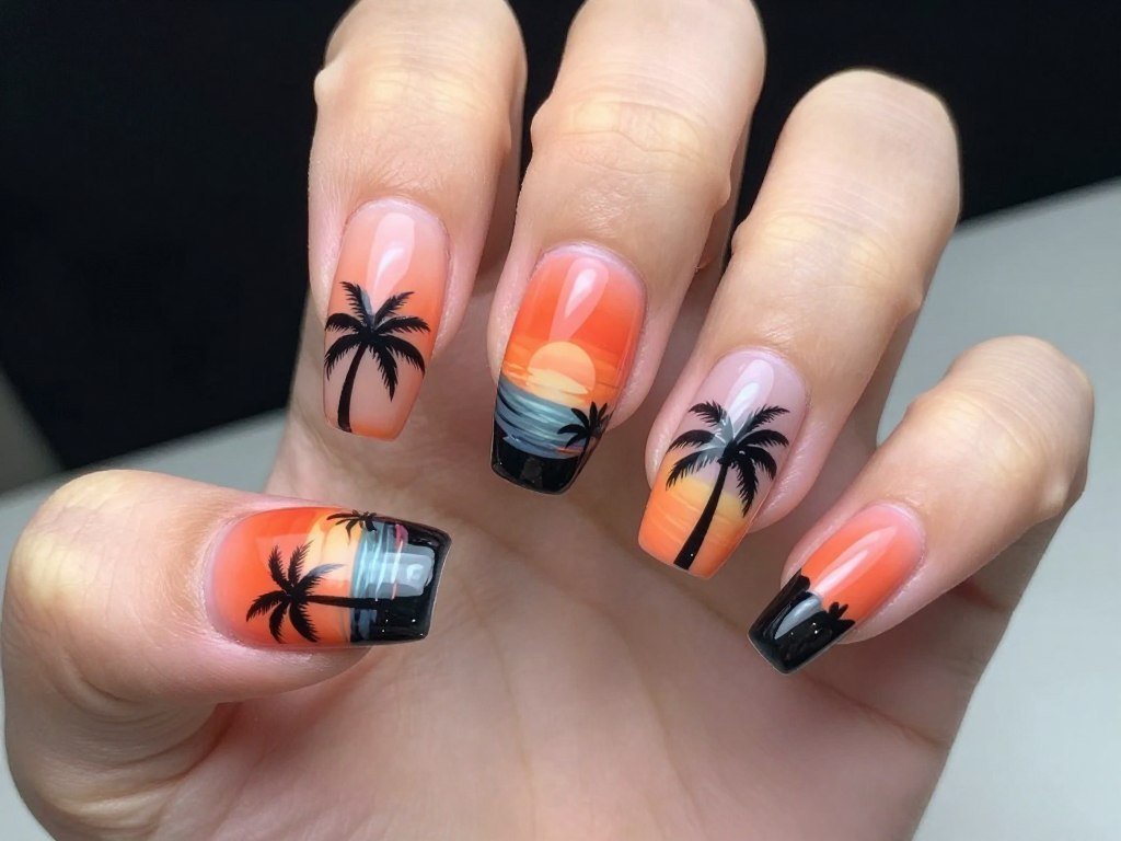 Beach sunset silhouette June nails with palm trees
