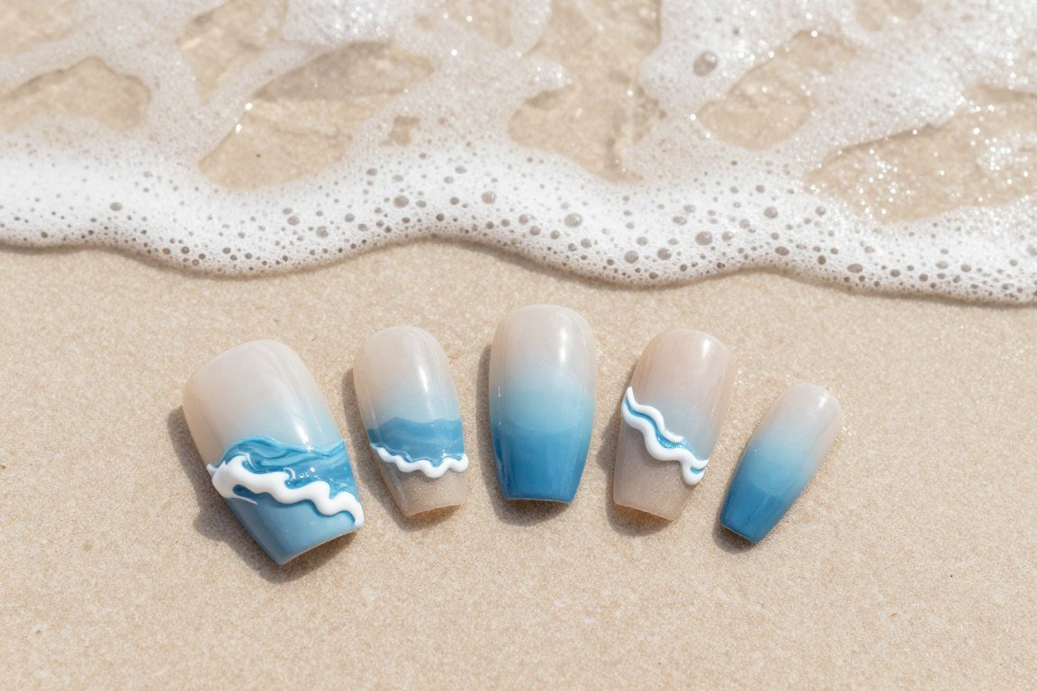 Beach-themed July nails featuring ocean waves and sand texture design