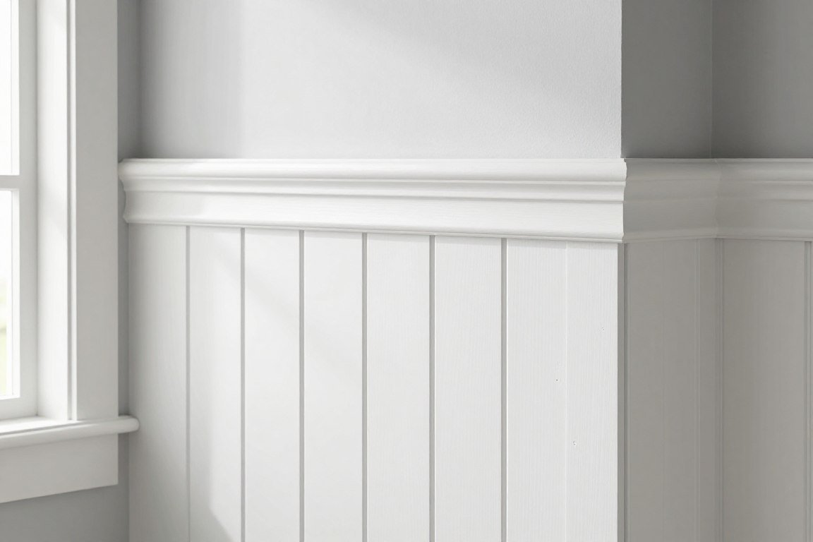 Beadboard paneling with vertical grooves in bathroom