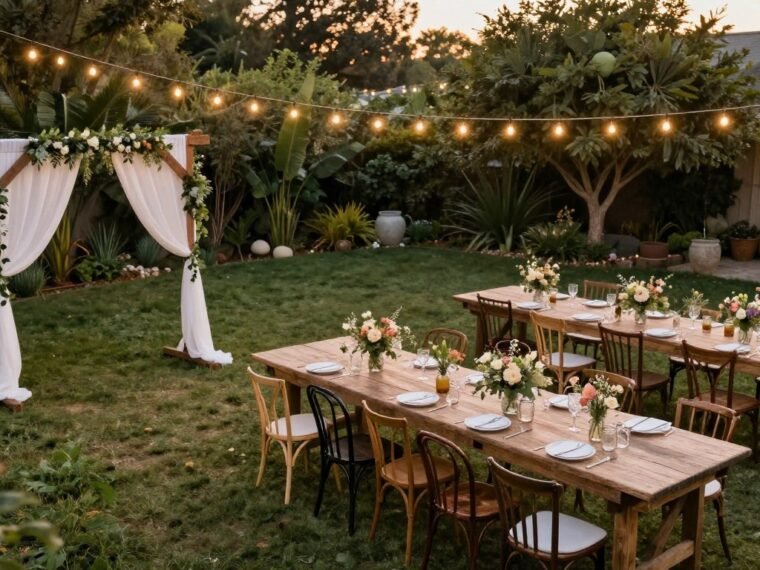 Beautiful DIY backyard wedding setup with string lights and handmade decorations on a budget