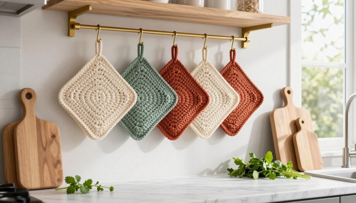 Beautiful collection of finished double thick crochet potholders hanging in kitchen