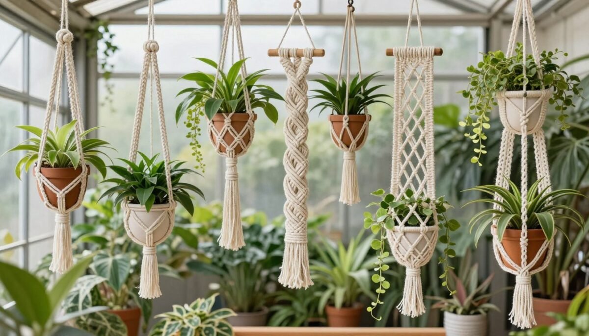 Beautiful collection of finished macrame plant hangers displayed together