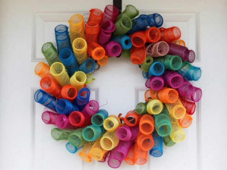 Beautiful curly deco mesh wreath hanging on front door with colorful ribbons