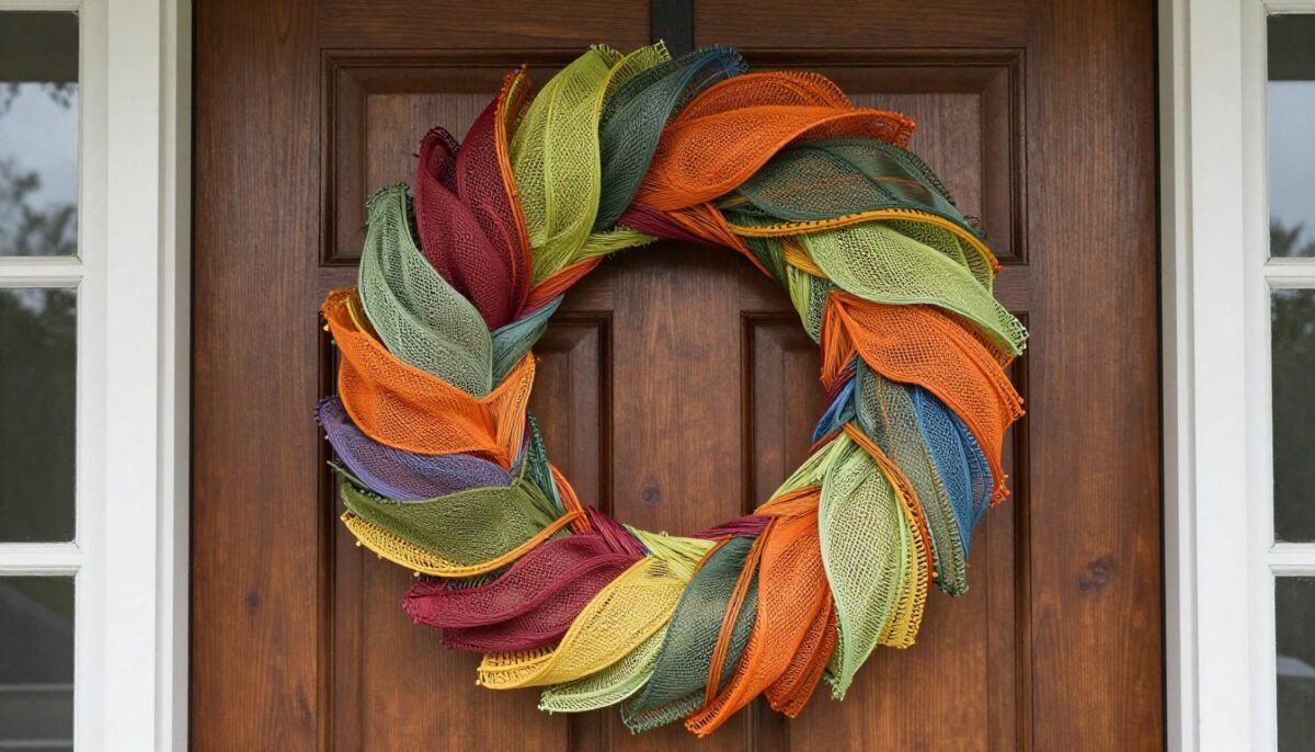 Beautiful finished DIY deco mesh wreath displayed on door