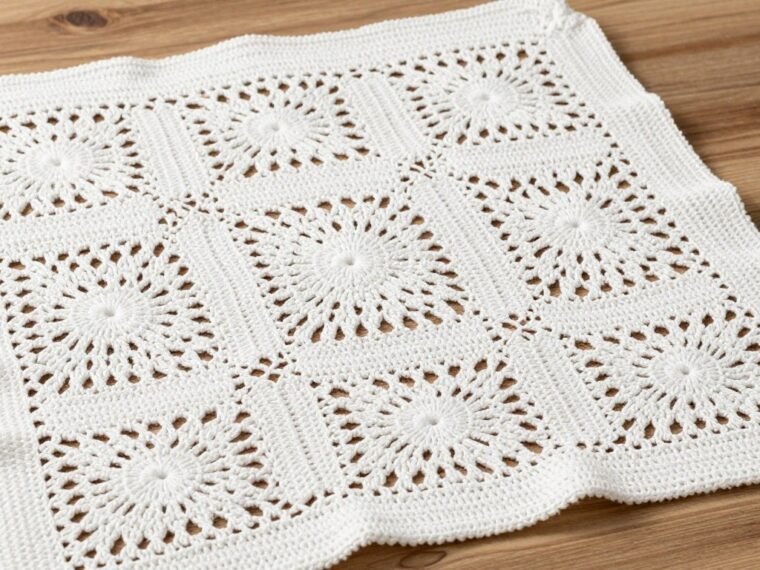 Beautiful finished Kate's Blessing Blanket with delicate windowpane puff stitch pattern in soft white yarn