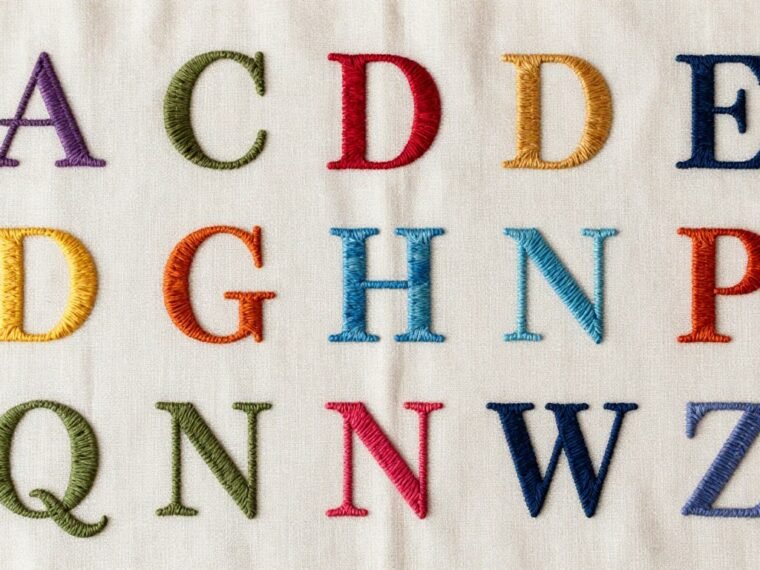 Beautiful hand embroidery letter ideas showcasing various decorative alphabet styles with colorful thread on natural linen fabric