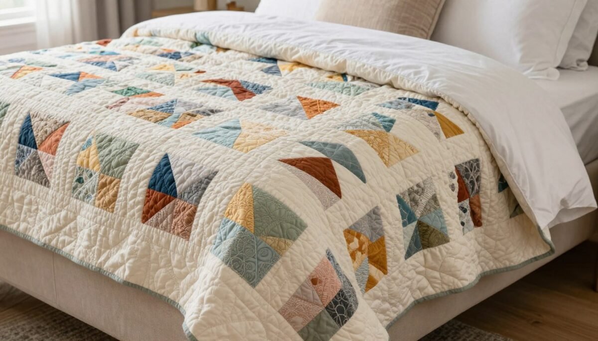 Beautiful handmade wedding quilt with custom pattern draped over bed