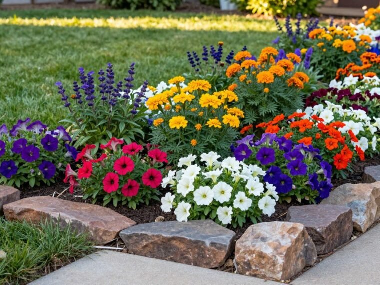 Beautiful inexpensive front yard flower bed with colorful blooms and stone border