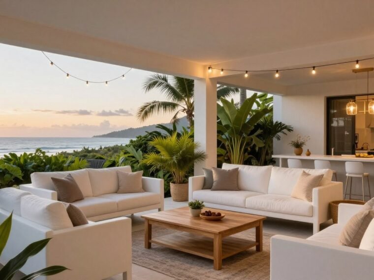 Beautiful lanai decorating ideas with modern outdoor furniture and tropical plants