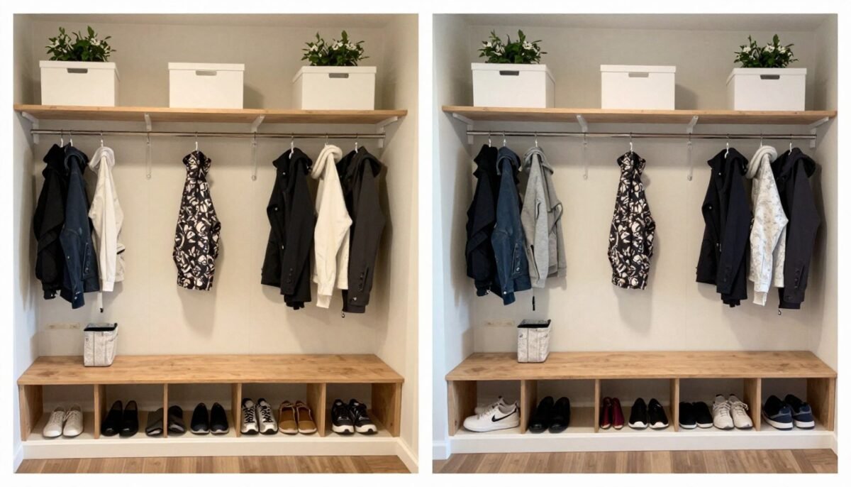 Beautiful organized IKEA mudroom showing transformation results