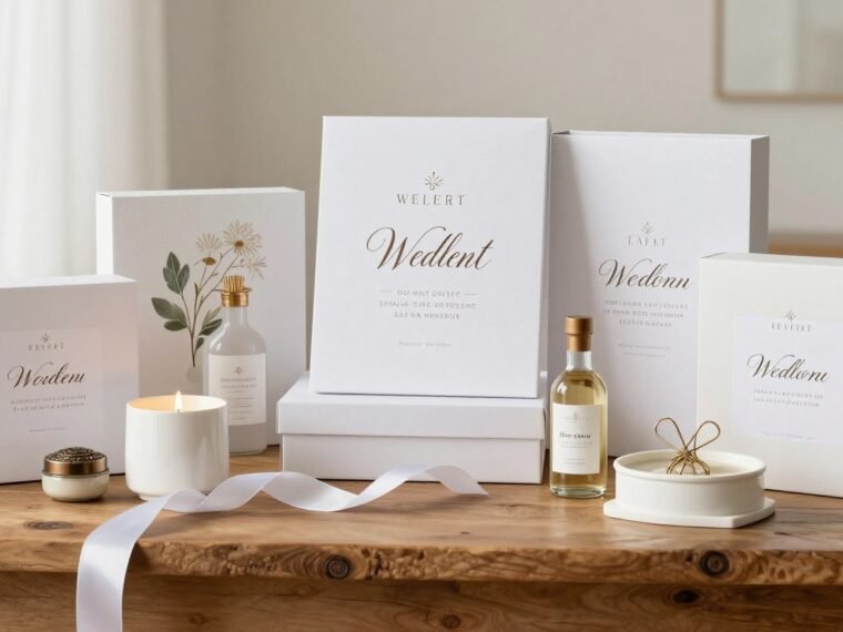 Beautiful unique wedding gifts displayed on rustic wooden table with elegant ribbon