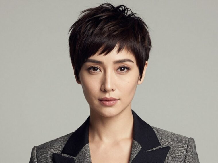 Beautiful woman with modern pixie haircut smiling confidently