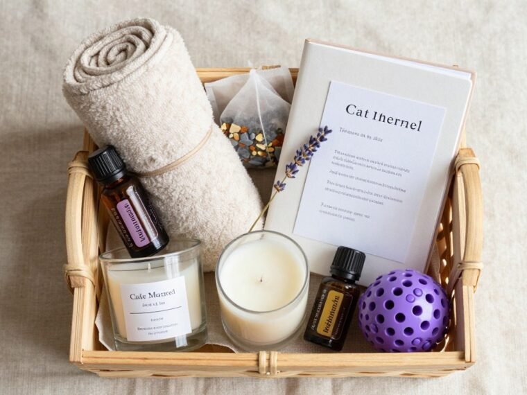Beautifully arranged mental health gift basket with calming items