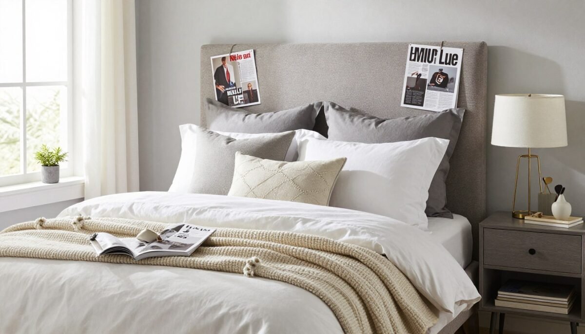 Beautifully styled bed with DIY headboard showing coordinated bedding, pillows, and nightstand decor