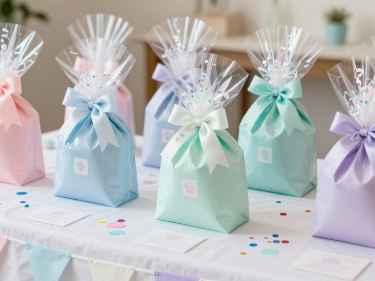 Beautifully wrapped baby shower prizes displayed on a table with pastel decorations