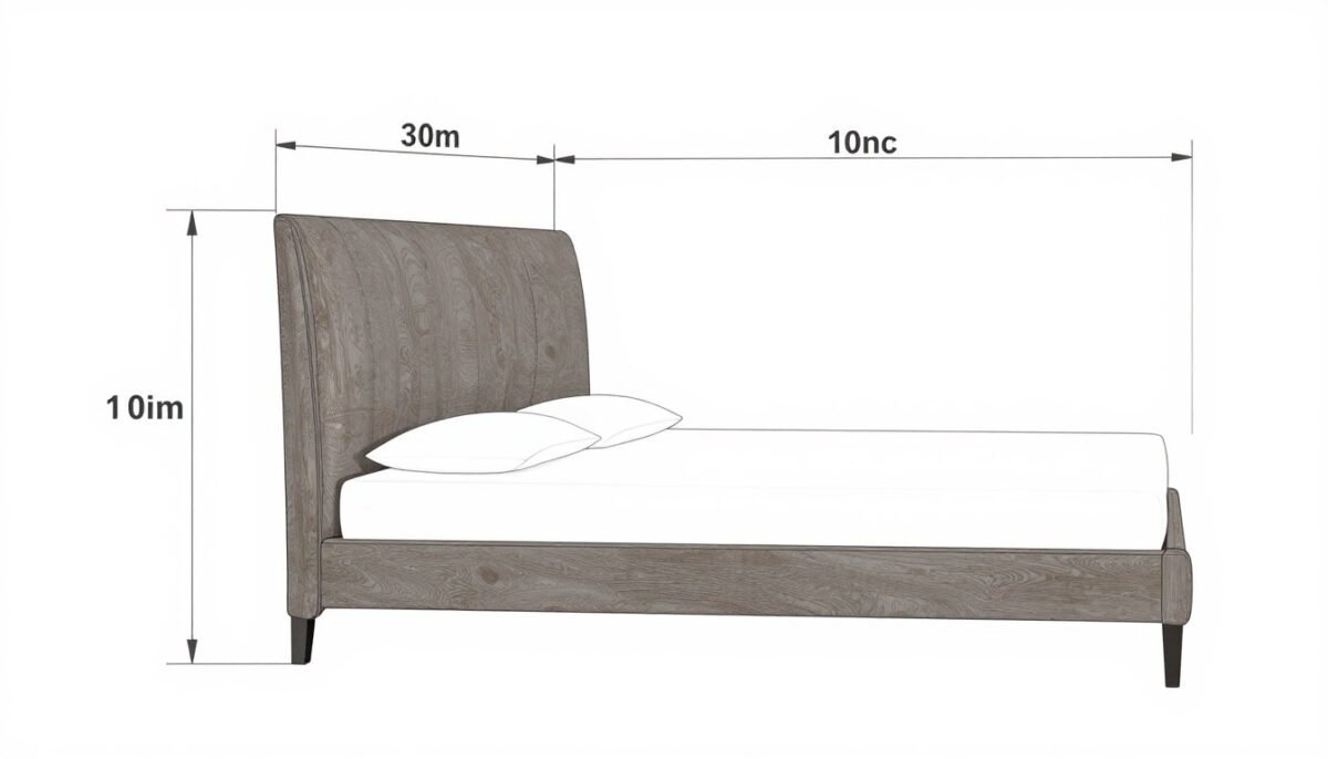 Bedroom showing proper headboard height, width proportions, and clearance measurements with bed frame