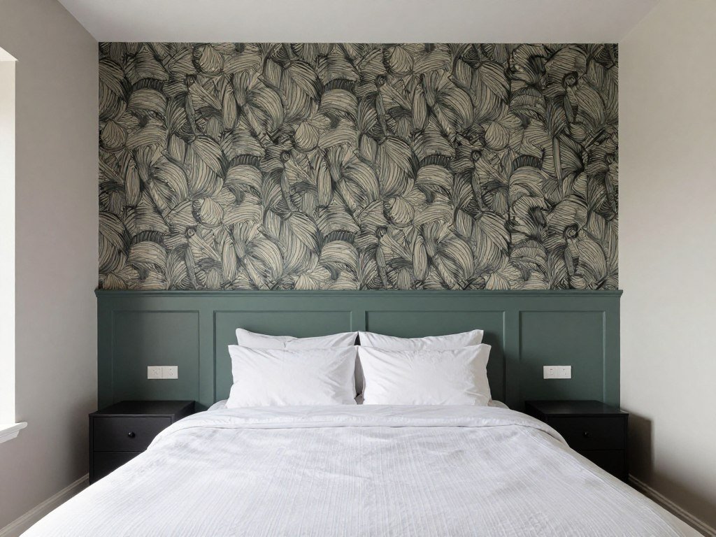 Bedroom with half wallpaper half paint accent wall behind headboard