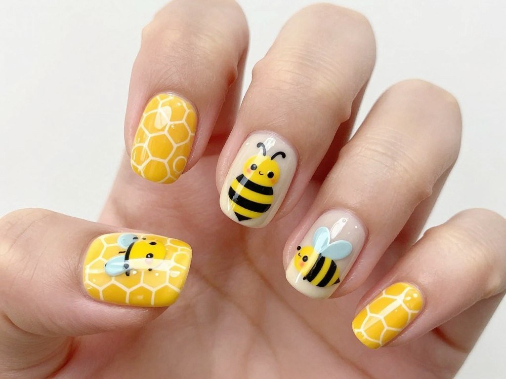 Bee and honeycomb nail art design