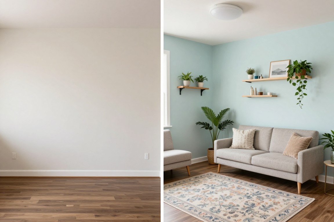 Before and after bonus room transformation showing budget-friendly updates
