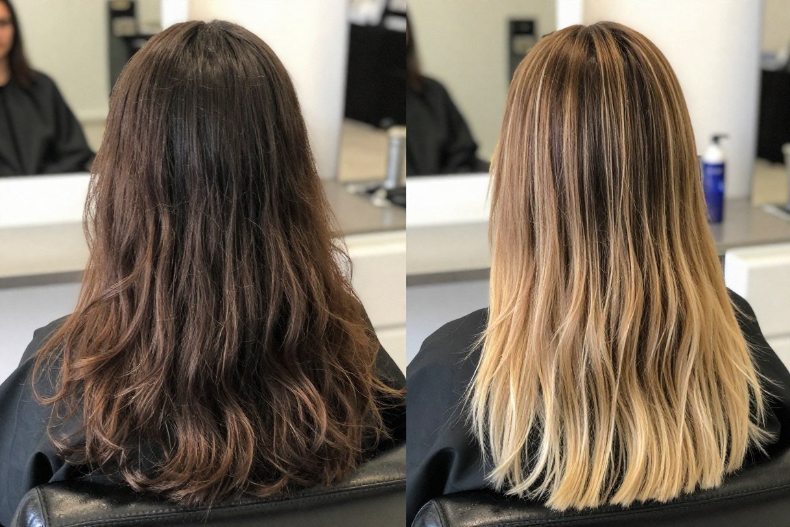 Before and after comparison of dark brown hair with blonde balayage transformation