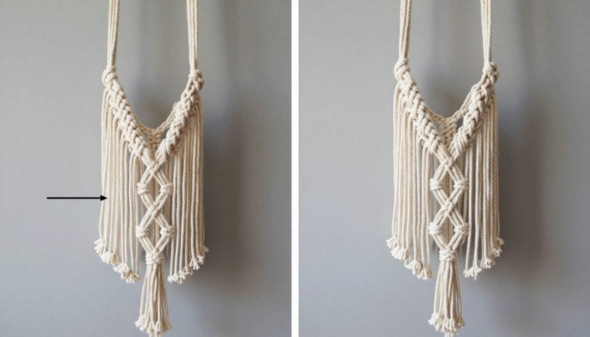 Before and after comparison showing correction of lopsided macrame work