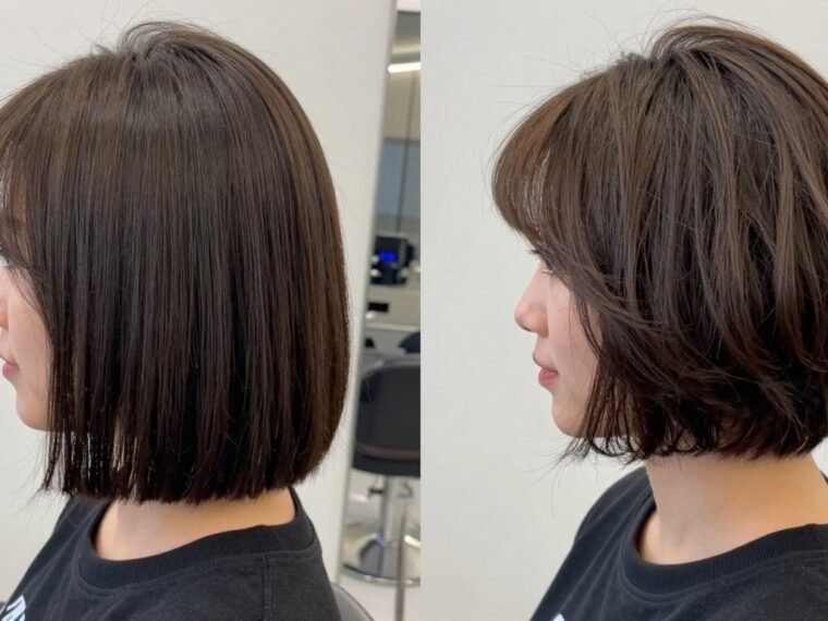 Before and after comparison showing fine hair transformed with choppy bob layers adding volume and texture