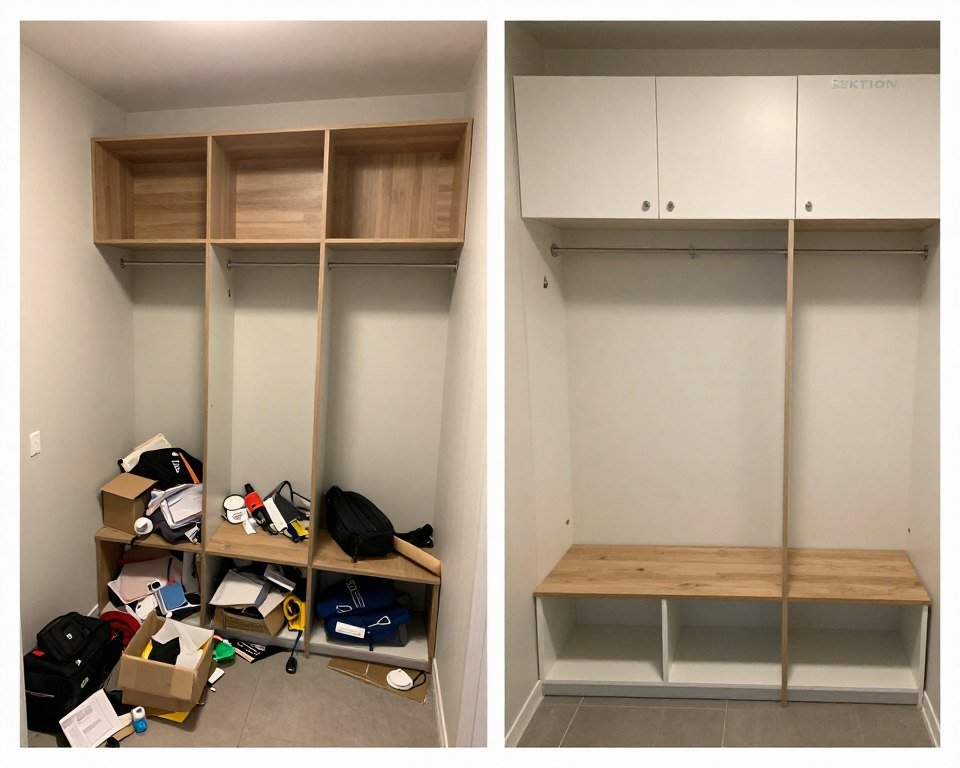 Before and after mudroom transformation with IKEA products