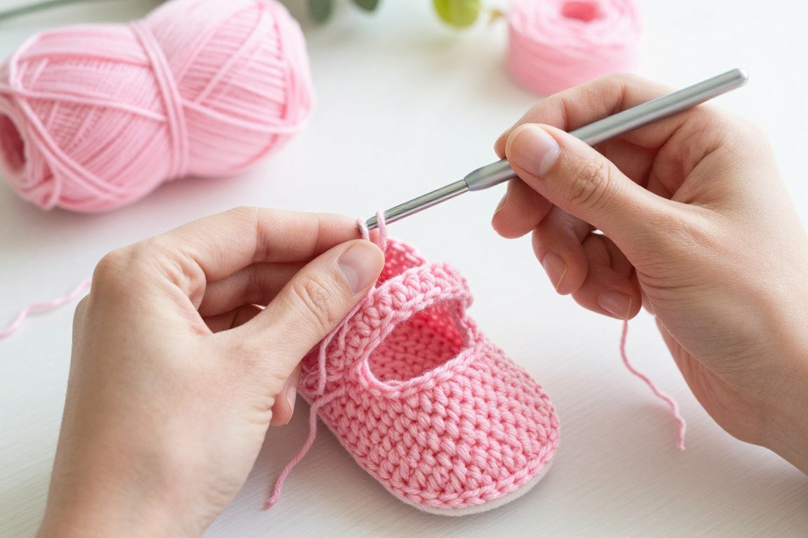 Beginner crafter working on first baby mary jane shoe