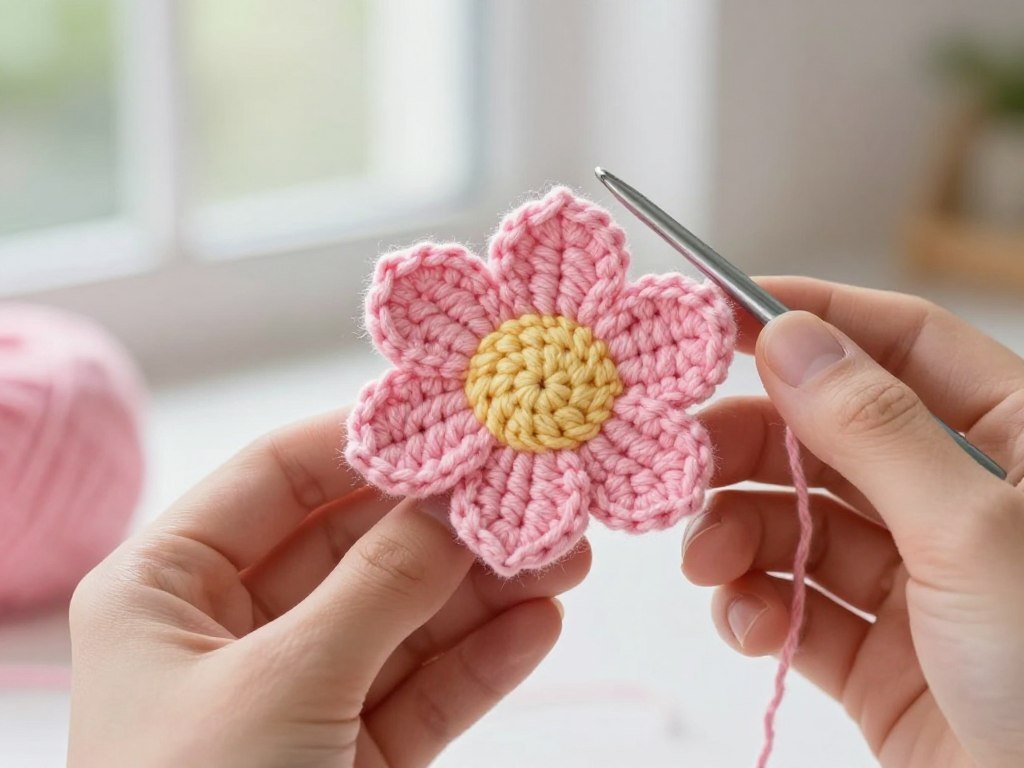 Beginner crocheter holding completed simple pink flower with proud smile