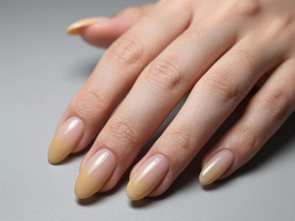 Beige French tip almond nails with glossy finish