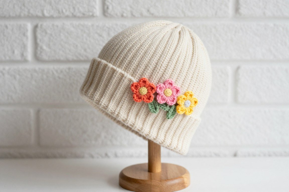 Beige knit hat decorated with colorful crochet flowers