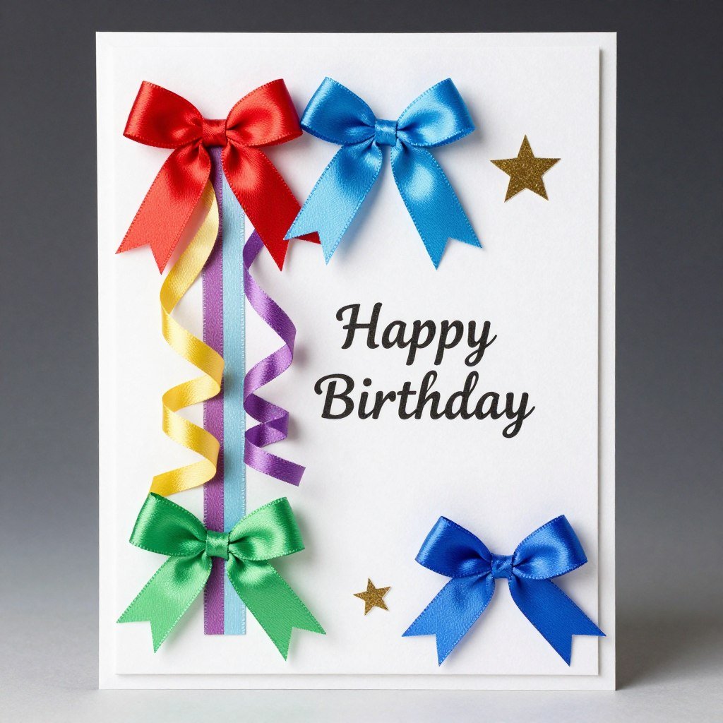 Birthday card decorated with colorful ribbon bows and streamers
