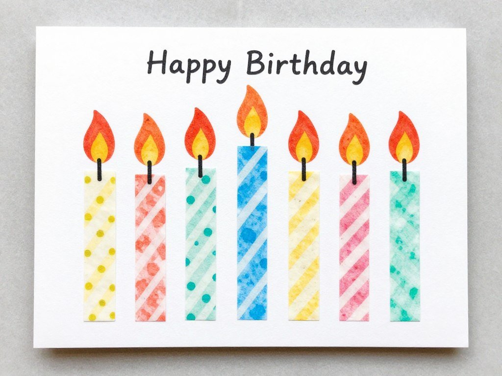 Birthday card decorated with colorful washi tape arranged as birthday candles