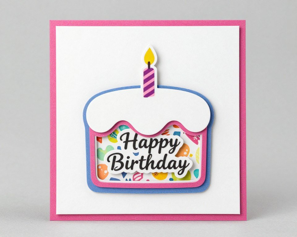 Birthday card with die-cut window revealing colorful surprise inside