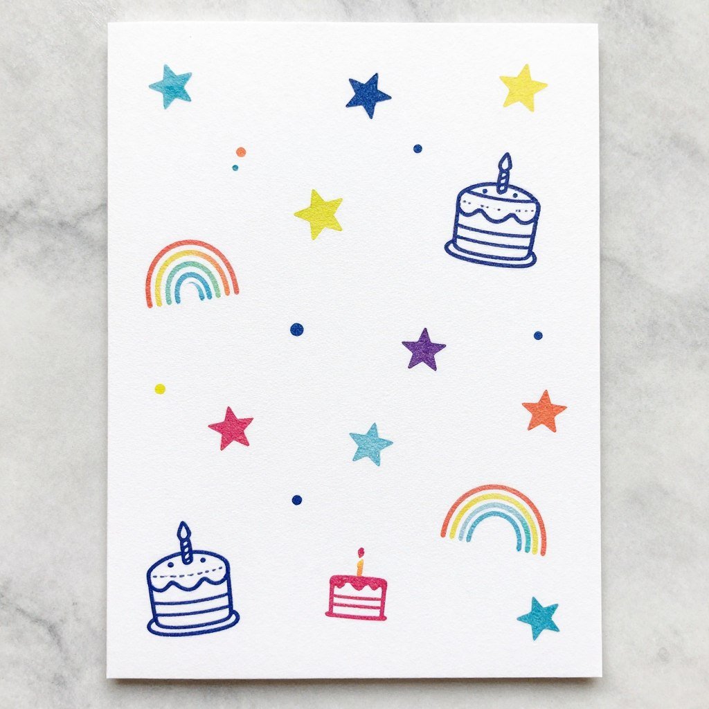 Birthday card with hand-stamped patterns and designs in multiple colors