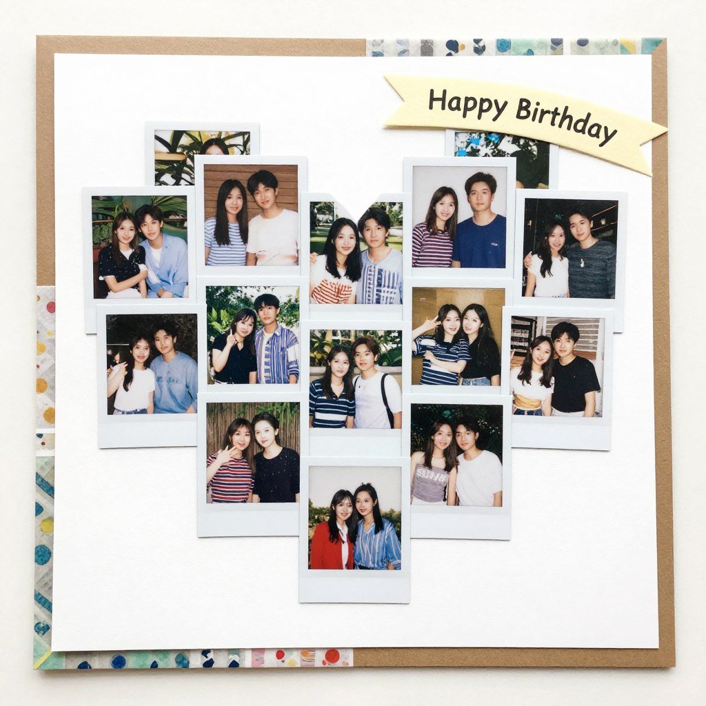 Birthday card with small photo collage of friendship memories arranged in creative pattern