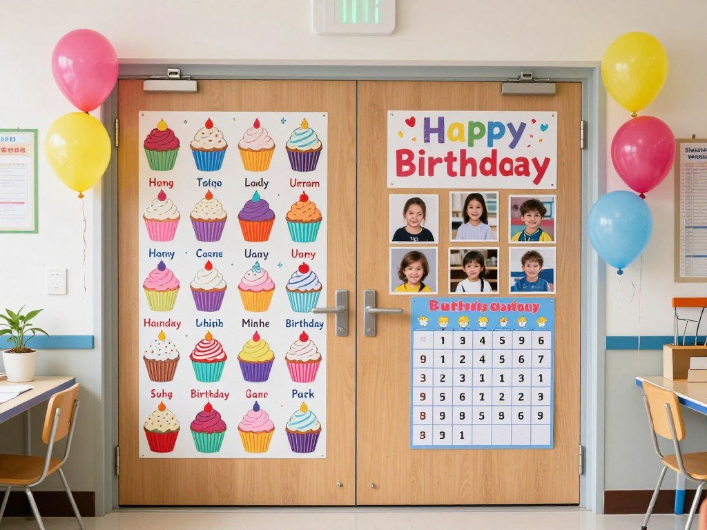 Birthday celebration classroom door with student recognition display