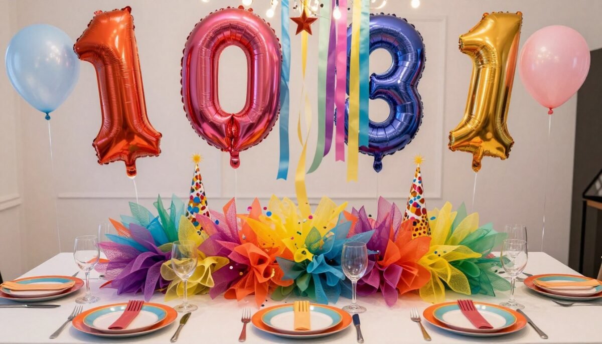 Birthday party centerpiece with colorful deco mesh