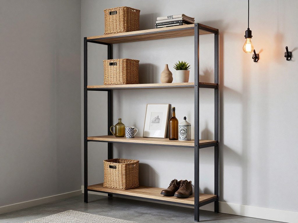 Black IKEA FJÄLLBO industrial shelving in mudroom