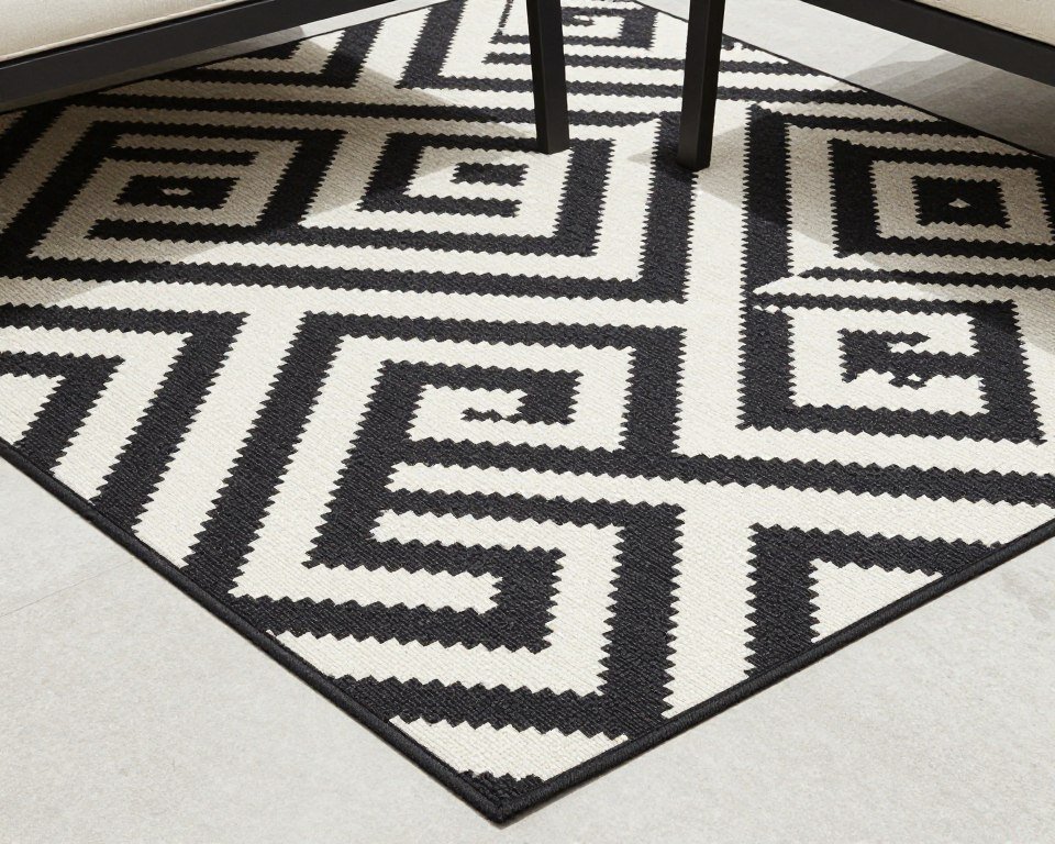Black and white geometric outdoor rug on modern lanai